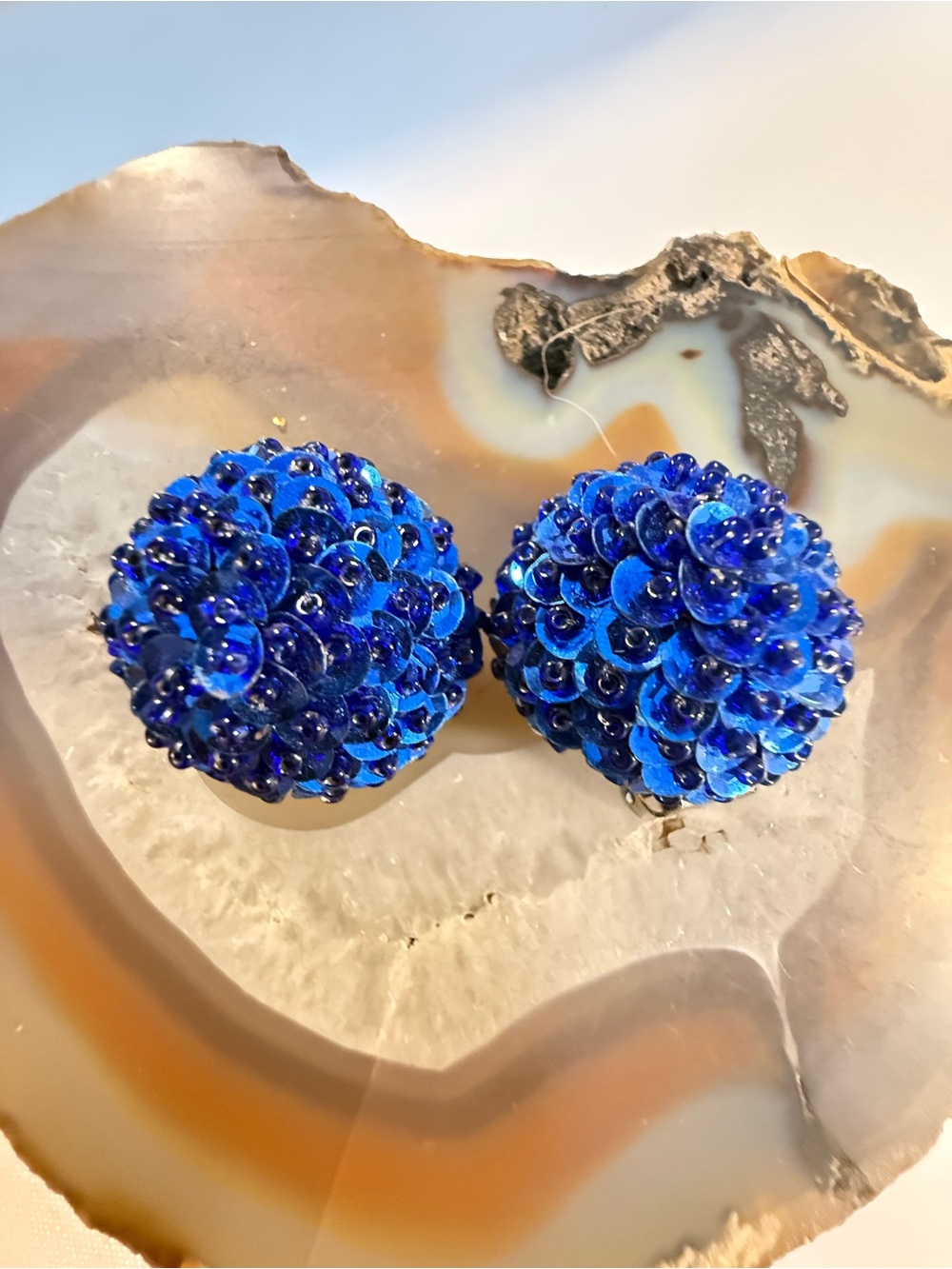 Vintage vibrant Blue Sequin Cluster clip Earrings Guc 1” appx